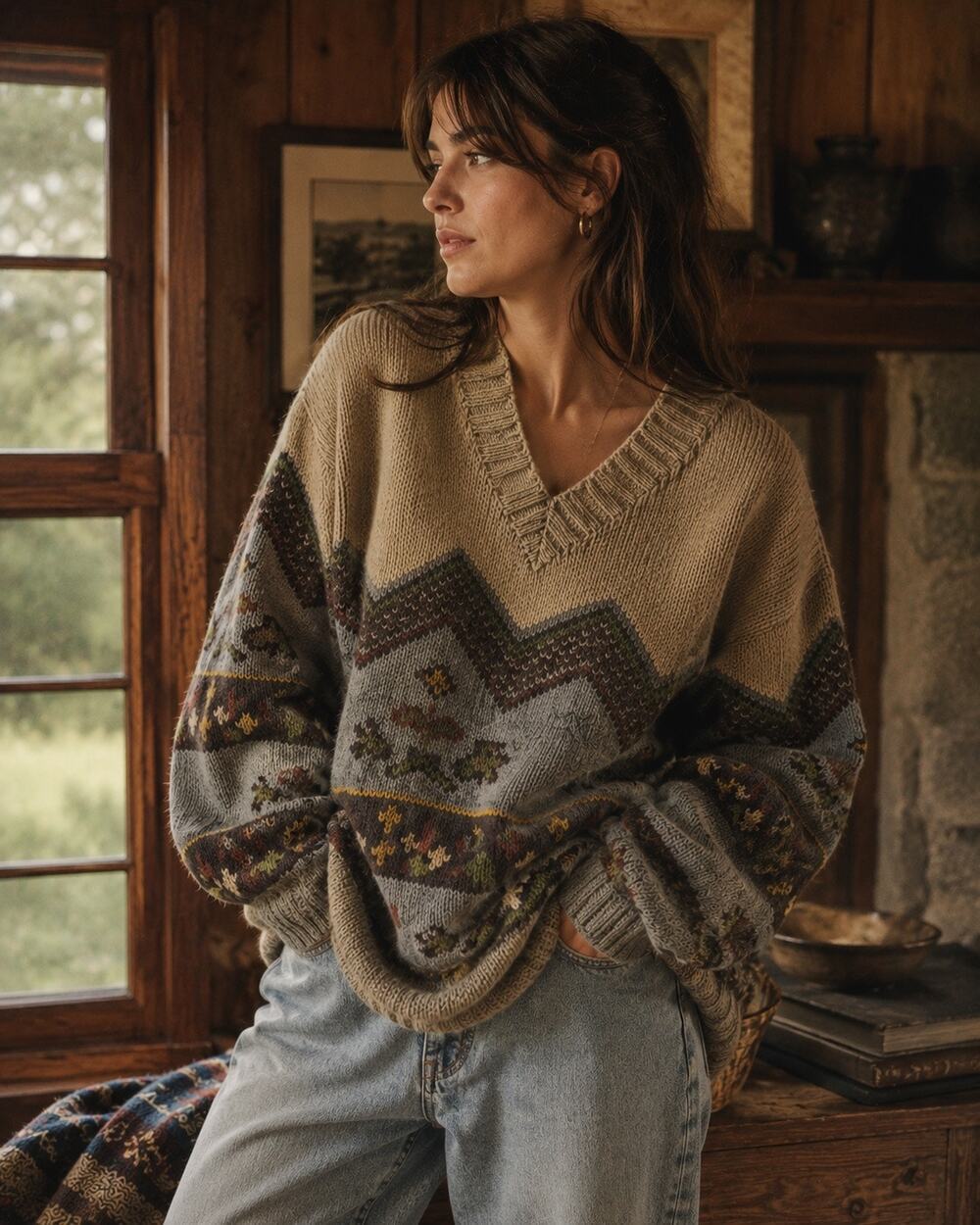 Vintage Handmade Wool Grandpa Sweater Oversized Chunky Knit Italy XL Intarsia